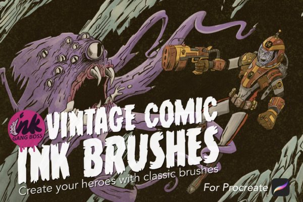 潮流复古漫画风半调线条颗粒水墨画笔Procreate笔刷素材 Procreate Vintage Comic Ink Brushes