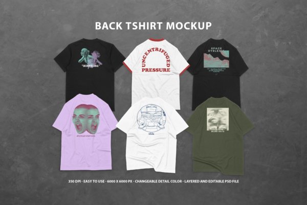 6款高品质半袖T恤印花图案设计PS贴图样机 6 Realistic Back T-shirt Mockup