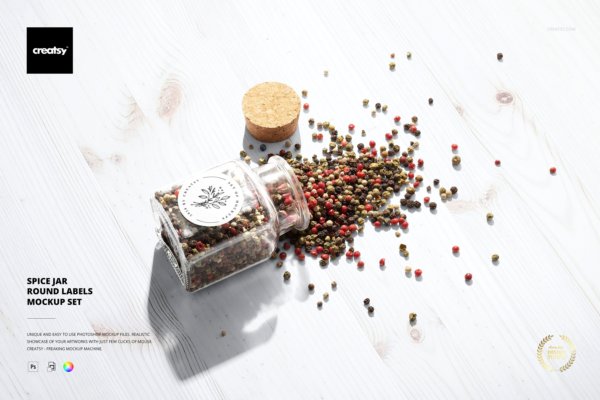 时尚圆形标签透明塑料香料罐设计展示贴图样机模板 Spice Jar Round Labels Mockup Set