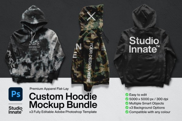 简约连衣帽卫衣印花图案设计展示贴图样机合集 Custom Hoodie Mockup Bundle