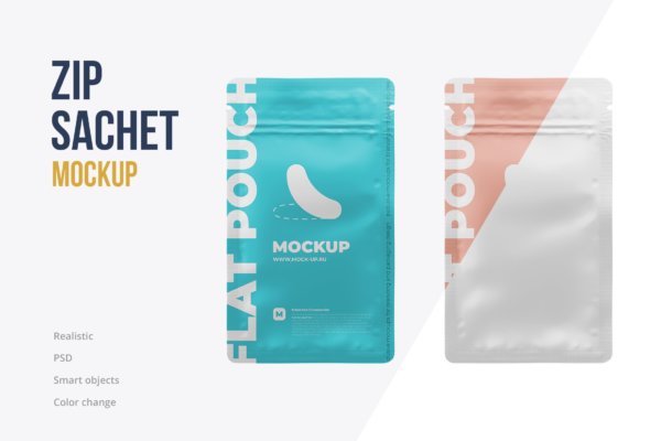 简洁香料自封塑料袋设计展示贴图样机 Zip Sachet Mockup. Flat Empty Pouch