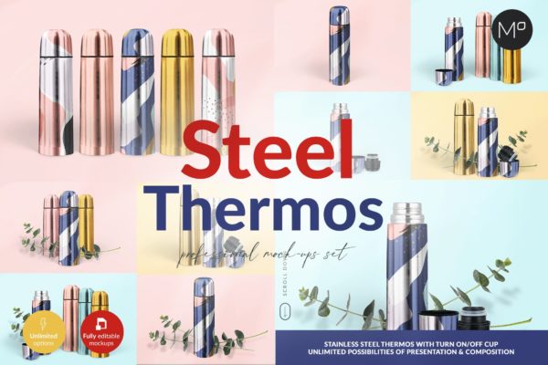 金属不锈钢保温壶设计展示贴图样机模板 Steel Thermos Mock-ups