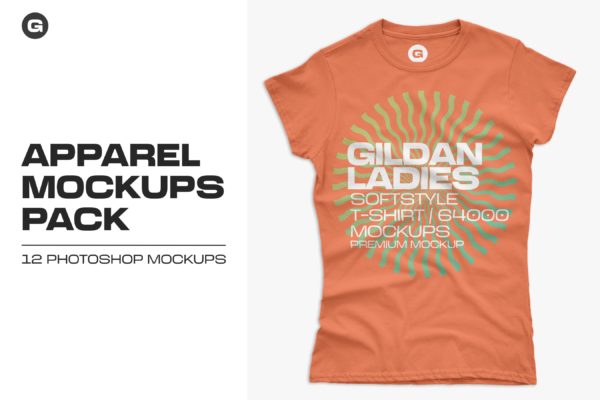 12款女式长款半袖T恤衫印花图案设计展示贴图样机 Gildan Ladies 64000 T-Shirt Mockups