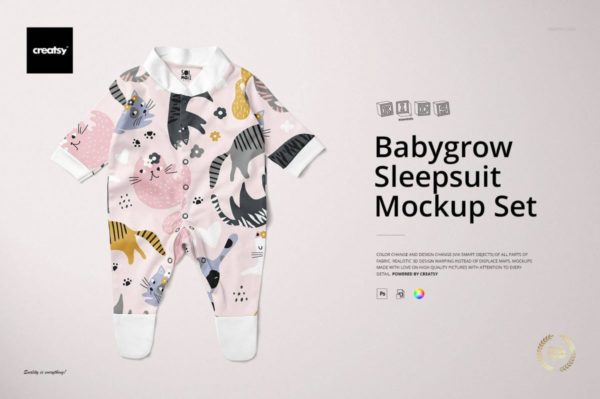 时尚婴儿连衣睡衣印花图案设计PS展示贴图样机合集 Babygrow Sleepsuit Mockup Set