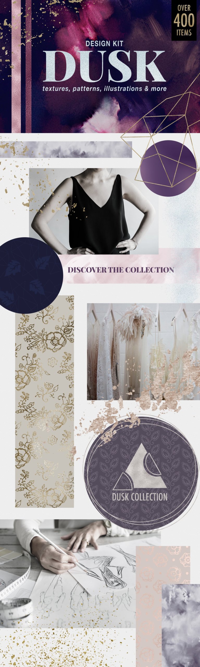 400多款闪光几何金线金箔丙烯酸粗糙喷涂纹理背景套装 Dusk Design Kit – Textures & Patterns插图 400多款闪光几何金线金箔丙烯酸粗糙喷涂纹理背景套装 Dusk Design Kit – Textures & Patterns插图