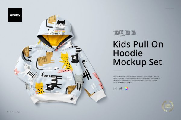 儿童连衣帽卫衣上衣印花图案设计展示贴图样机合集 Kids Pull On Hoodie Mockup Set