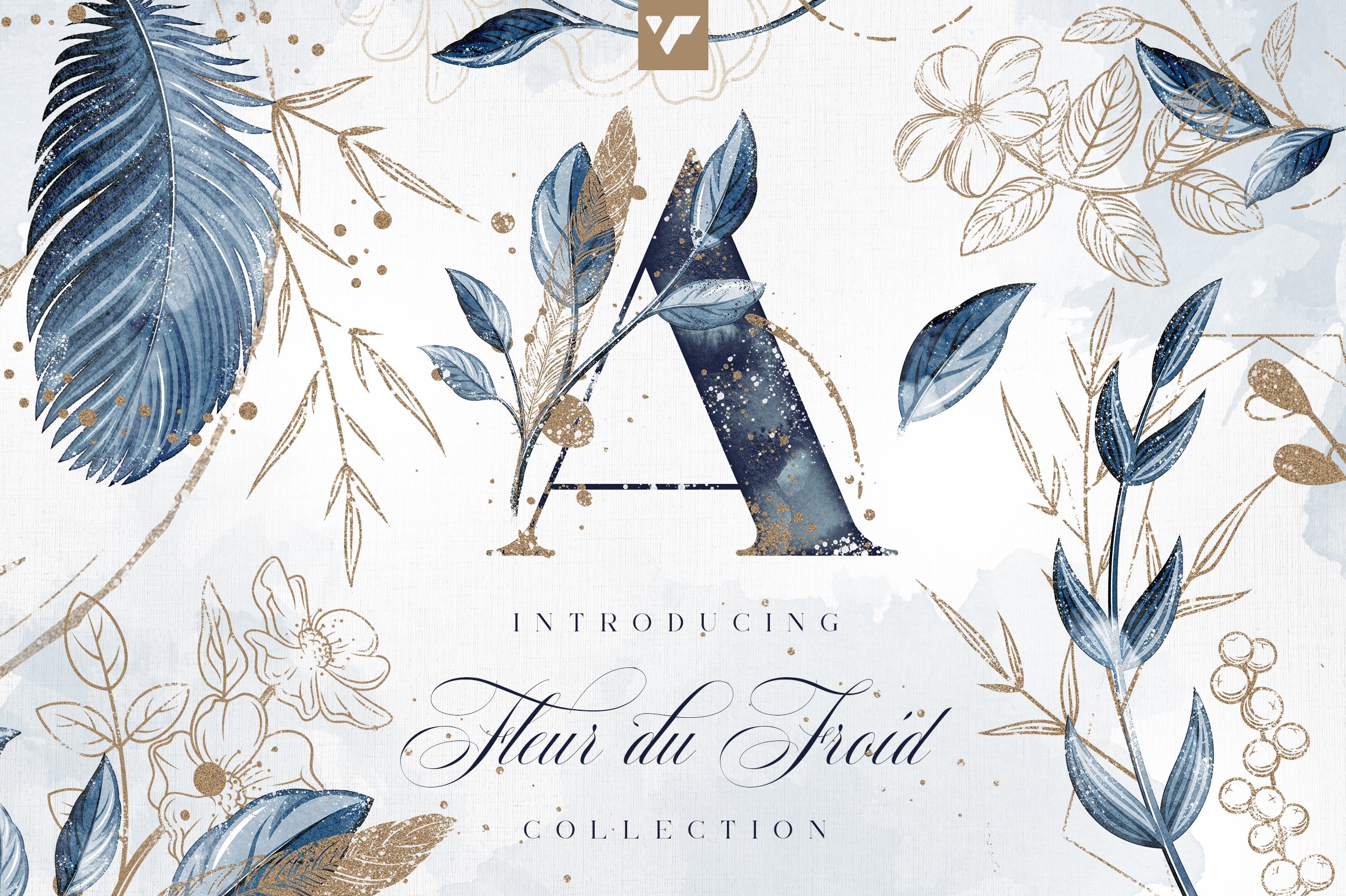 蓝色金色字母动物树叶花卉设计PNG透明图片素材合集 Fleur Du Froid Graphic Collection插图