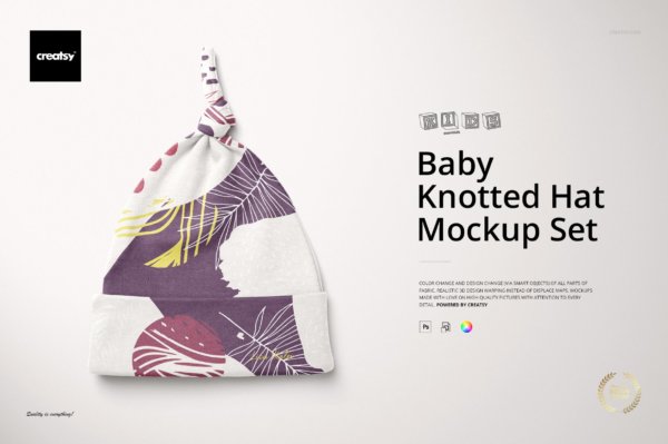 婴儿打结帽子印花图案设计展示贴图样机合集 Baby Knotted Hat Mockup Set