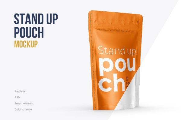 自立食品零食拉链自封塑料袋设计展示贴图样机 Stand Up Pouch Mockup Half Side View