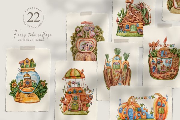 时尚森林动物主题手绘水彩剪贴画图片素材 Watercolor Fairy Houses Clipart BUNDLE