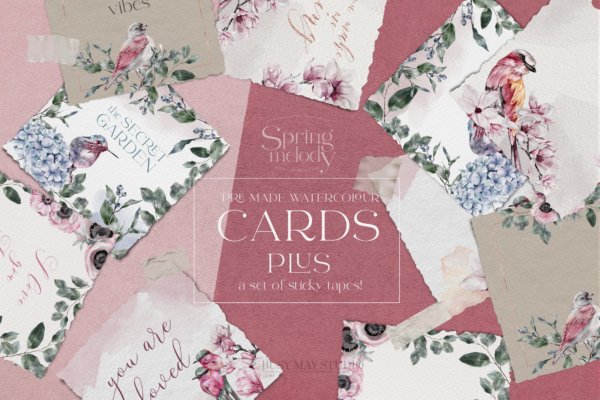 粉色系花卉鸟手绘水彩画卡片设计套装 Watercolor Flower Birds Pre-made Cards