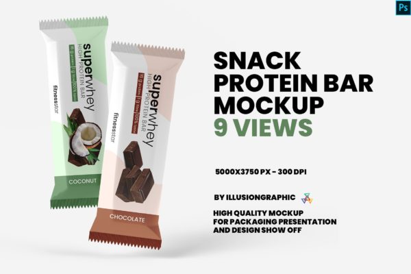 9款零食小吃塑料包装袋设计展示贴图样机 Snack Protein Bar Mockup – 9 Views