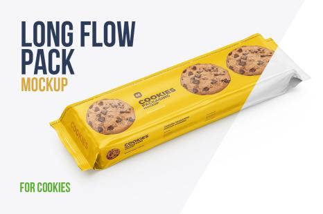 长方体零食饼干塑料包装袋设计展示贴图样机 Long Flow Pack Cookies Mockup