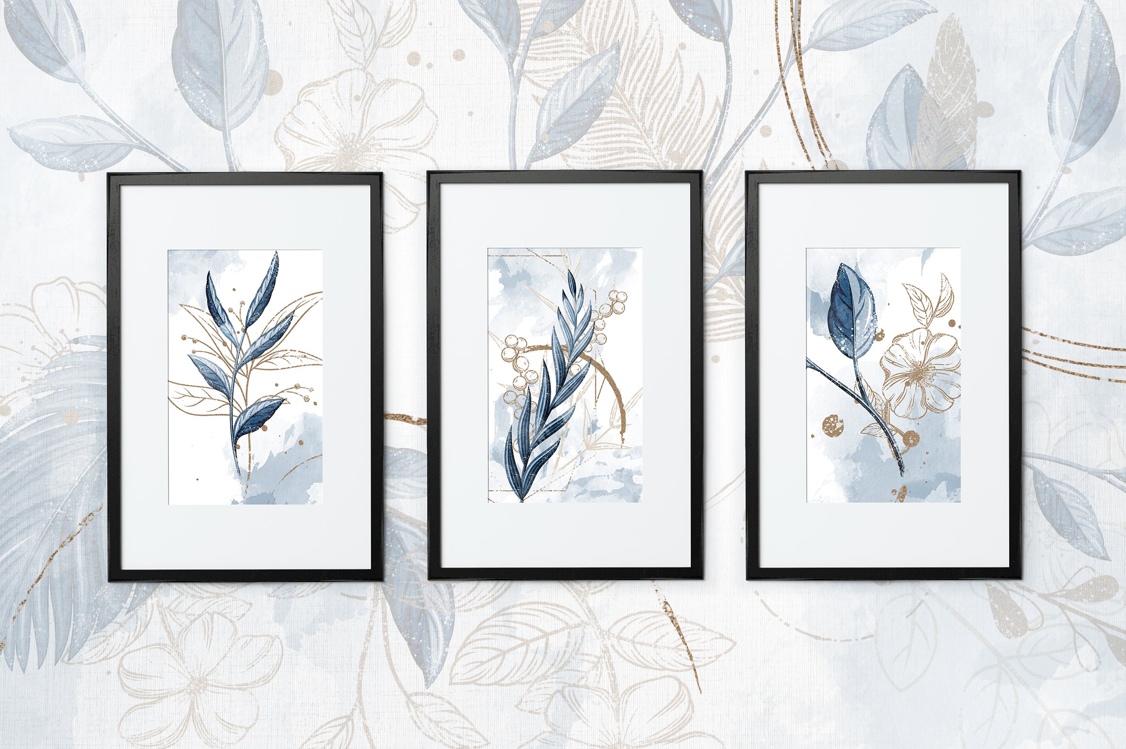 蓝色金色字母动物树叶花卉设计PNG透明图片素材合集 Fleur Du Froid Graphic Collection插图1