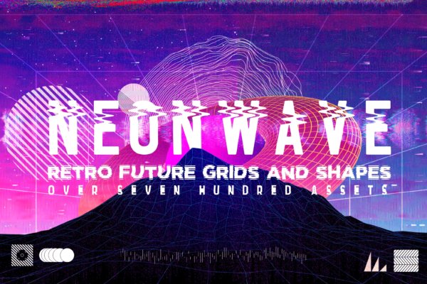 潮流复古未来科幻蒸汽波网格波浪图形设计元素套装 NeonWave Retro Future Grids & Shapes