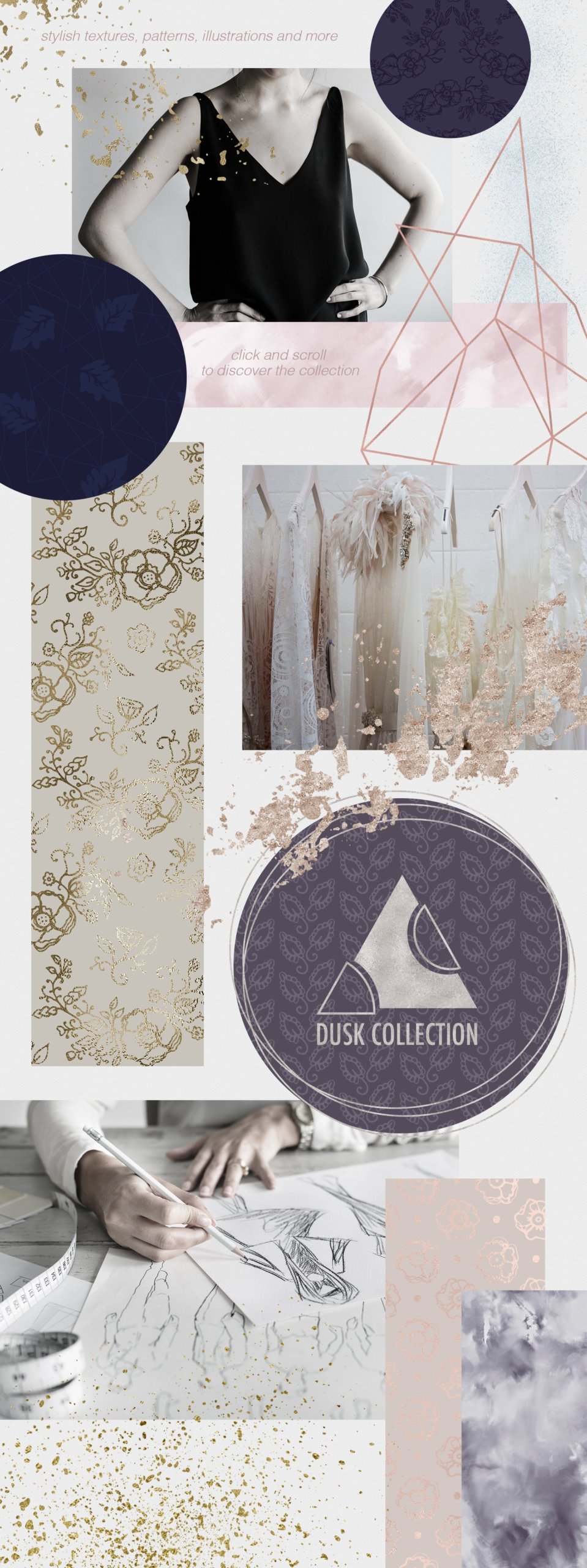 400多款闪光几何金线金箔丙烯酸粗糙喷涂纹理背景套装 Dusk Design Kit – Textures & Patterns插图1 400多款闪光几何金线金箔丙烯酸粗糙喷涂纹理背景套装 Dusk Design Kit – Textures & Patterns插图1