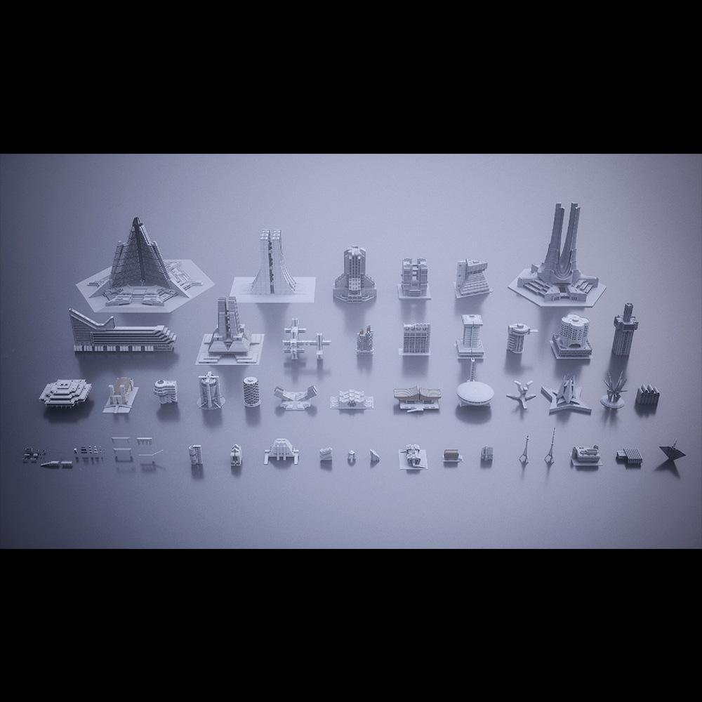 未来科幻电影城市混凝土玻璃建筑3D模型设计素材 更新Blender版本 Kitbash3d – Brutalist插图1