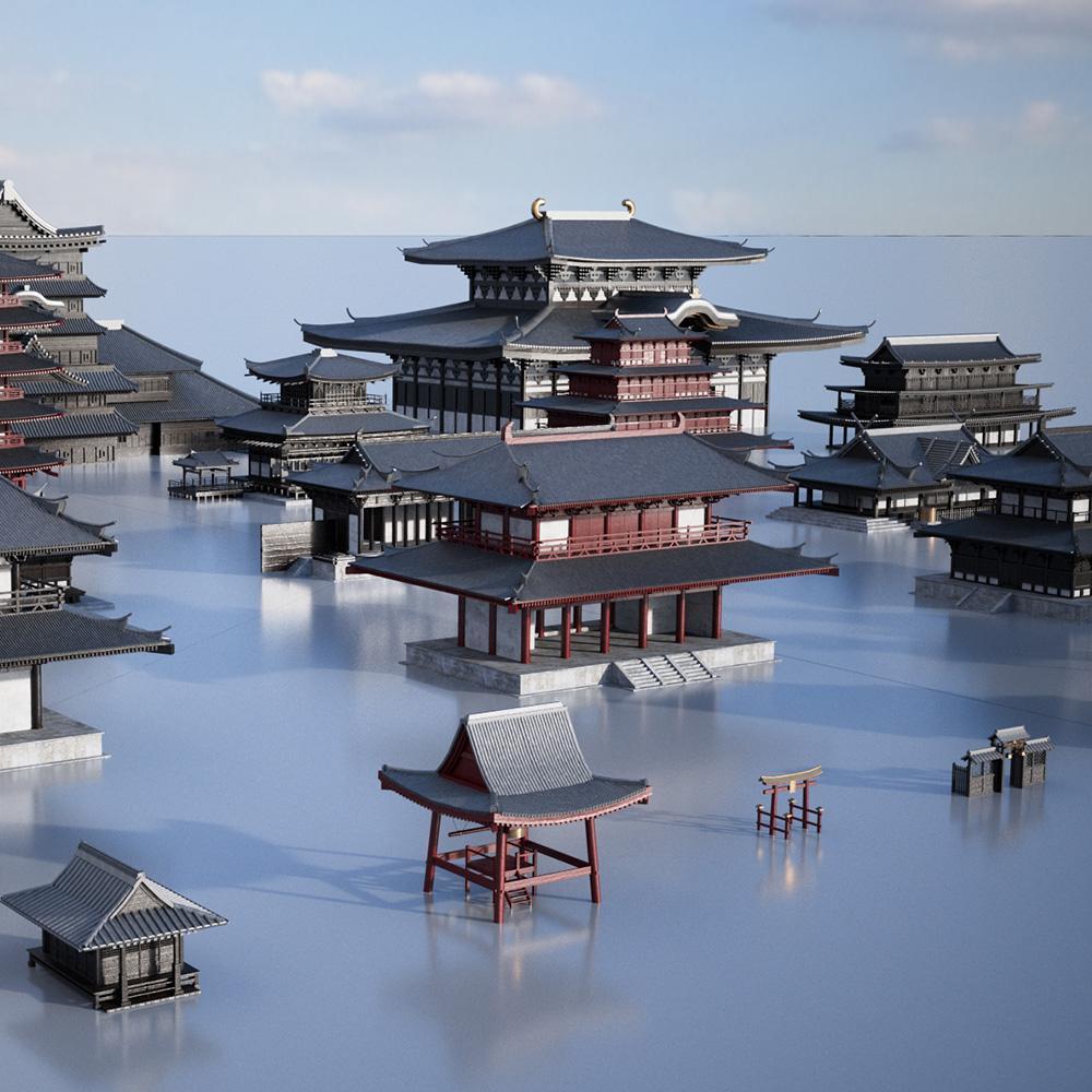 复古日本幕府时代游戏电影塔楼庙宇3d建筑模型设计素材kitbash3d–edo