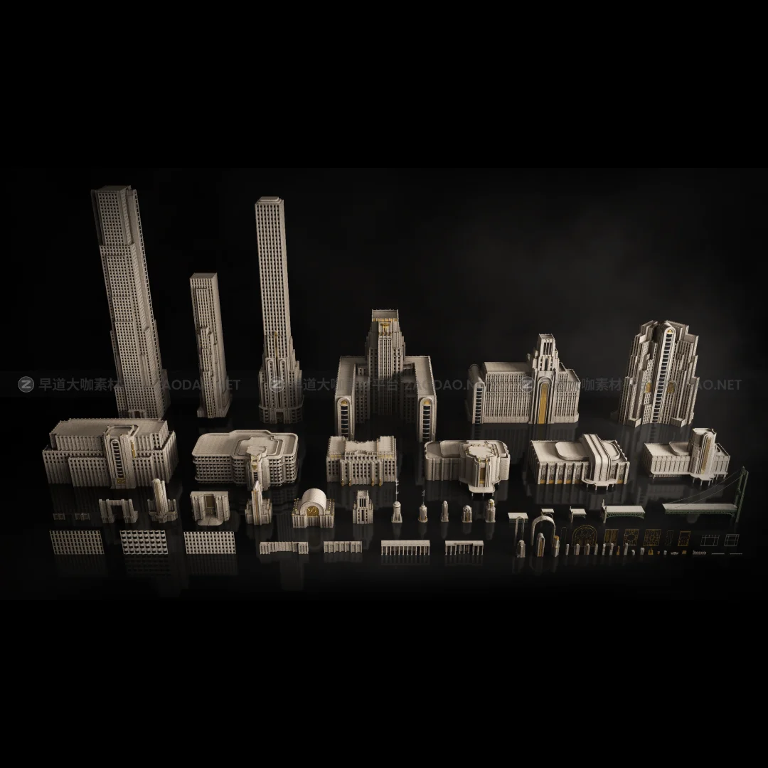 第一次世界大战欧美风城市建筑世界3D模型素材 Kitbash3D – Art Deco插图1
