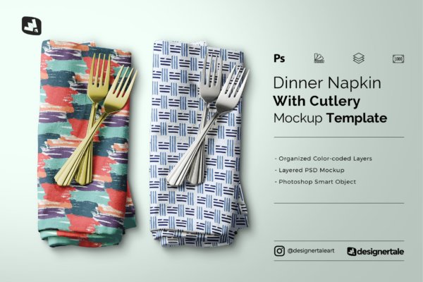 带餐具餐巾印花图案设计展示贴图样机素材 Dinner Napkin With Cutlery Mockup