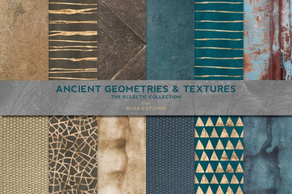 12款复古金箔水彩皮革地板纹理背景图片设计素材 Ancient Geometric Gold & Textures