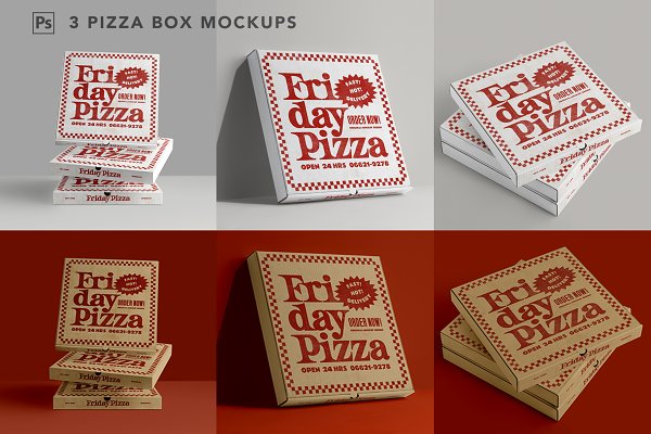 3款比萨外卖包装纸盒设计展示贴图样机 3 Pizza Box Mockup