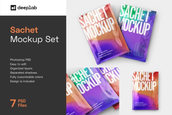 7款精美香囊香料塑料包装袋设计展示贴图样机合集 Sachet Mockup Set