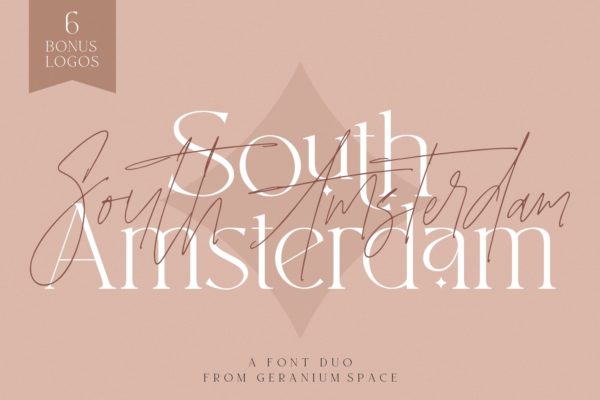 现代优雅杂志标题徽标Logo设计衬线手写英文字体素材 South Amsterdam Font Duo & Logos