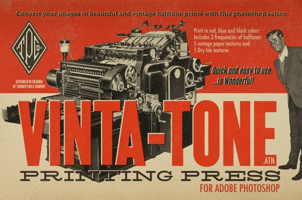 潮流复古印刷半调效果照片处理特效PS动作模板 Vinta-Tone Printing Press Action