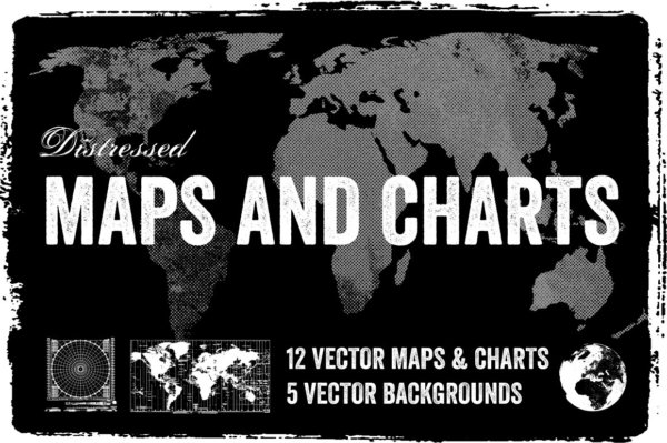 潮流复古做旧世界地图纹理海报设计背景矢量素材 Distressed Vector Maps & Charts