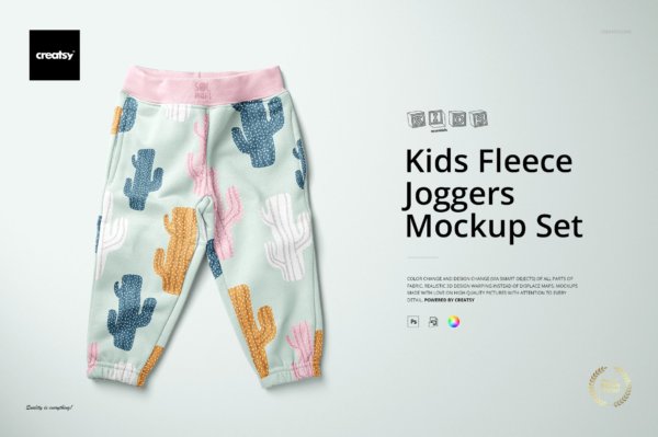 儿童摇粒绒长裤印花图案设计展示样机合集 Kids Fleece Joggers Mockup Set