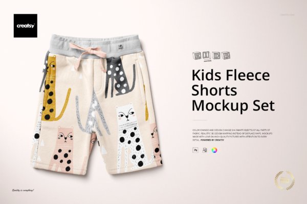 时尚儿童摇粒绒短裤印花图案设计展示贴图样机模板套装 Kids Fleece Shorts Mockup Set