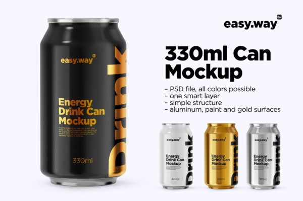 330毫升啤酒饮料苏打水锡罐易拉罐设计展示贴图PSD样机 330ml Aluminum Can PSD Mockup