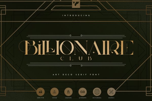 现代奢华品牌包装标题Logo设计装饰衬线英文字体素材 Billionaire Club – Art Deco Serif