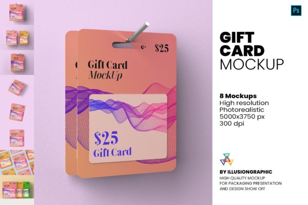 8款挂耳式礼品卡卡片设计PS智能贴图样机 Gift Card Mockup – 8 Views