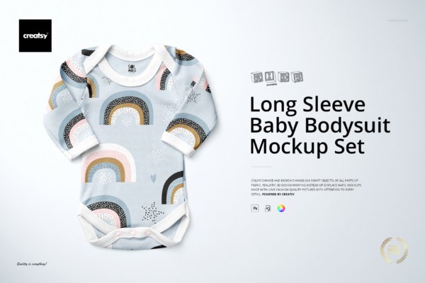 婴儿短袖紧身衣裤印花图案设计展示贴图样机合集 Baby Long Sleeve Bodysuit Mockup Set