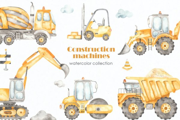 卡通建筑施工机械车辆手绘剪贴画图片设计素材 Construction machines Watercolor