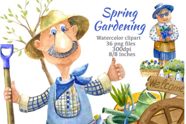 36个乡村花园农夫手绘剪贴画PNG透明图片素材 Spring Gardening Clipart
