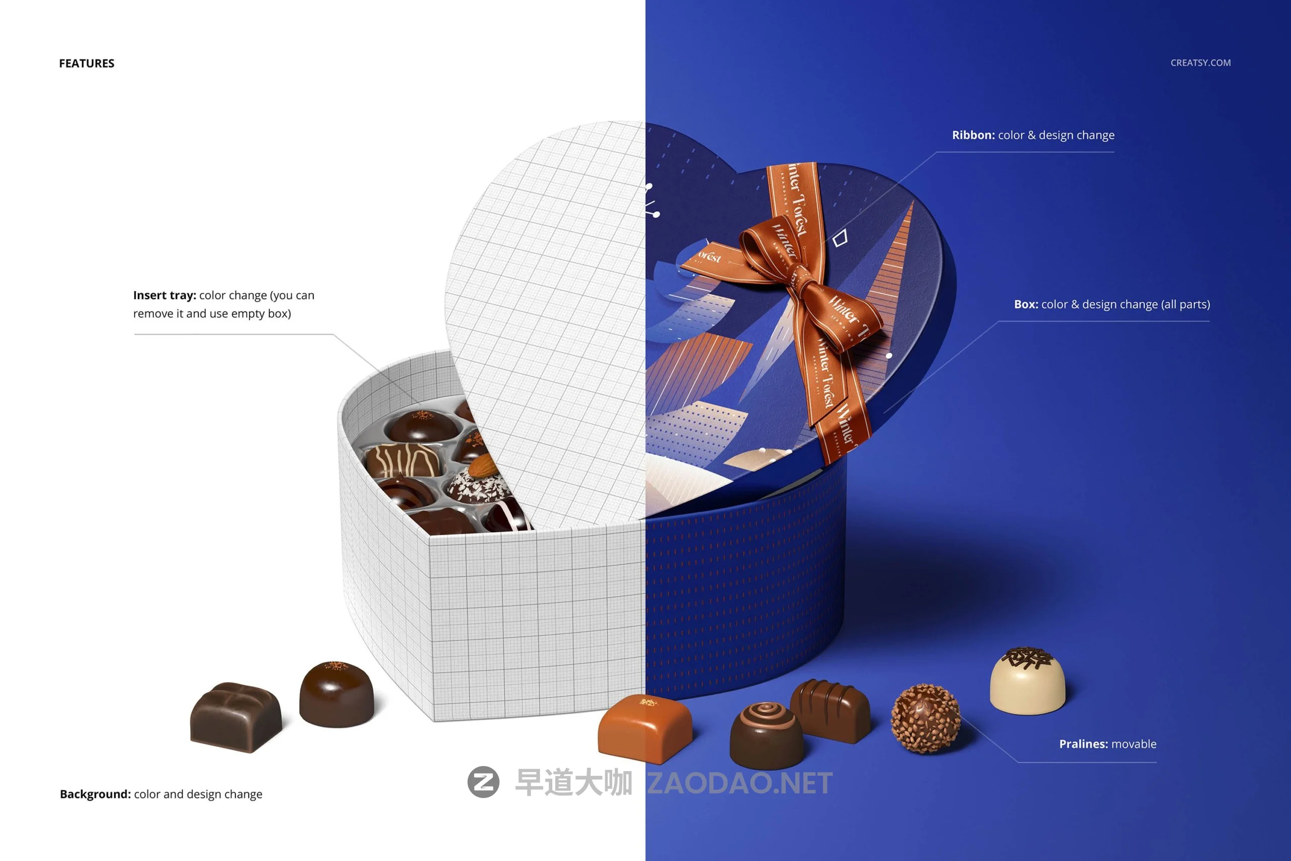 时尚心形巧克力包装盒设计展示PS贴图样机素材 Heart Shaped Chocolate Box Mockup插图3 时尚心形巧克力包装盒设计展示PS贴图样机素材 Heart Shaped Chocolate Box Mockup插图3
