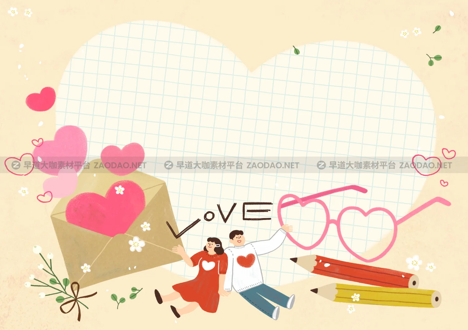 12款情人节七夕情侣手绘插画海报传单设计PSD素材 Valentines Day Couple Hand Drawn Illustration插图9