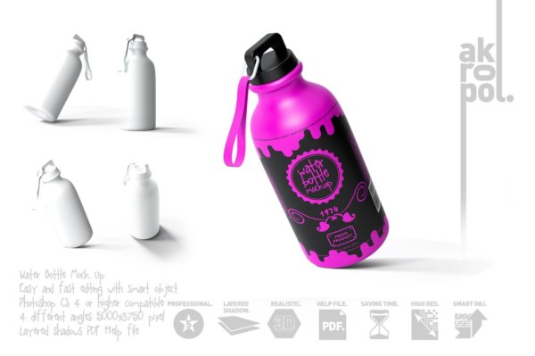 逼真保温水杯设计展示贴图样机模板 Reusable Water Bottle MockUp