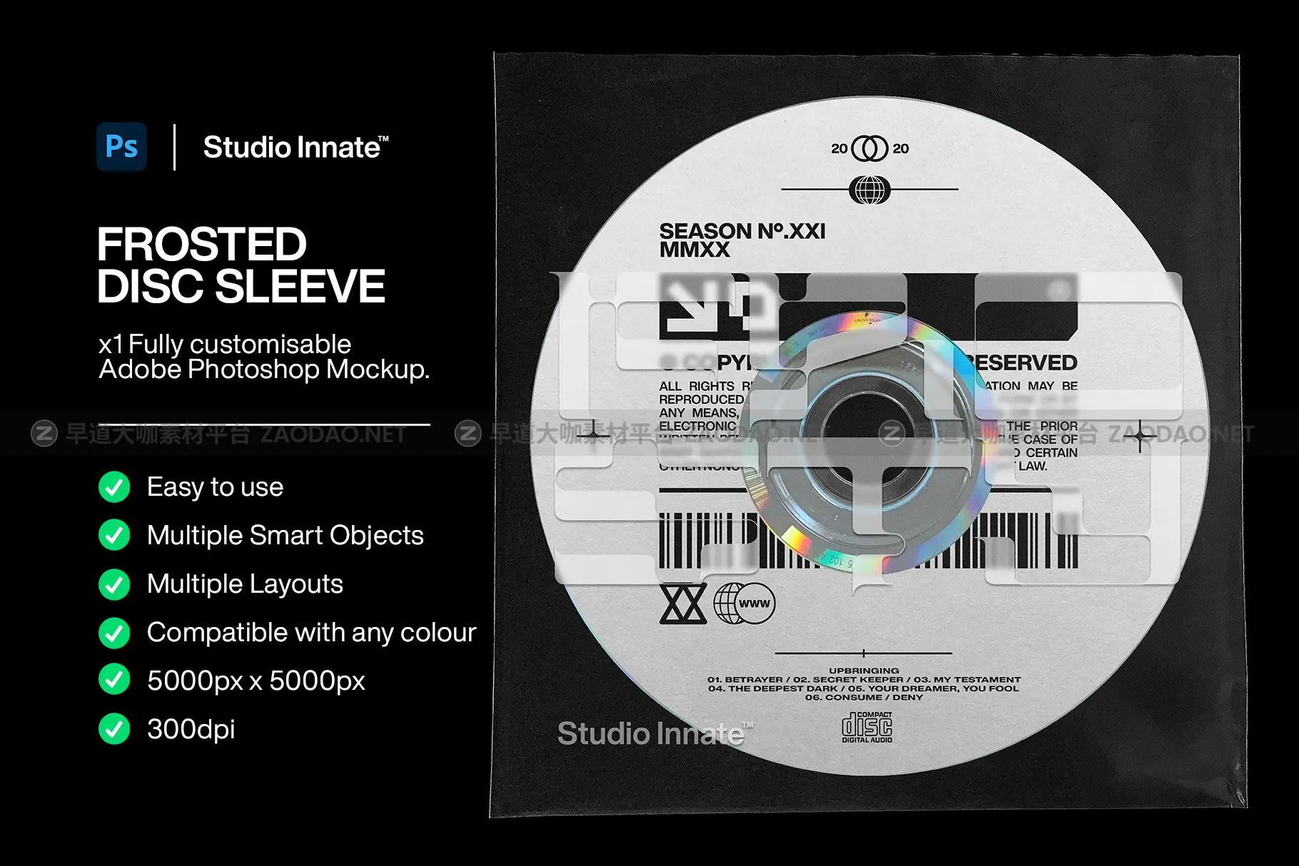 潮流磨砂音乐专辑CD光盘包装纸袋贴纸设计展示贴图样机模板素材 Studio Innate – Frosted Disc Sleeve插图