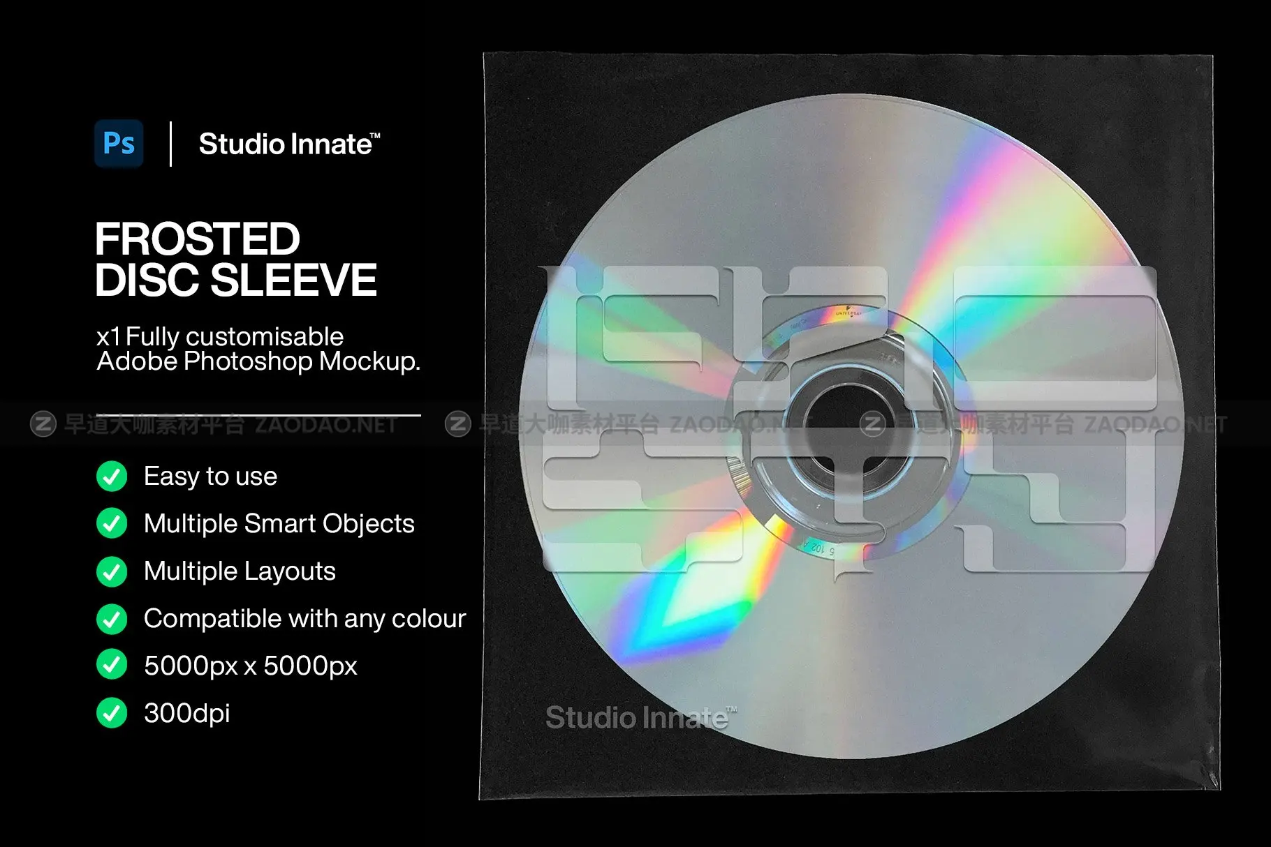 潮流磨砂音乐专辑CD光盘包装纸袋贴纸设计展示贴图样机模板素材 Studio Innate – Frosted Disc Sleeve插图2