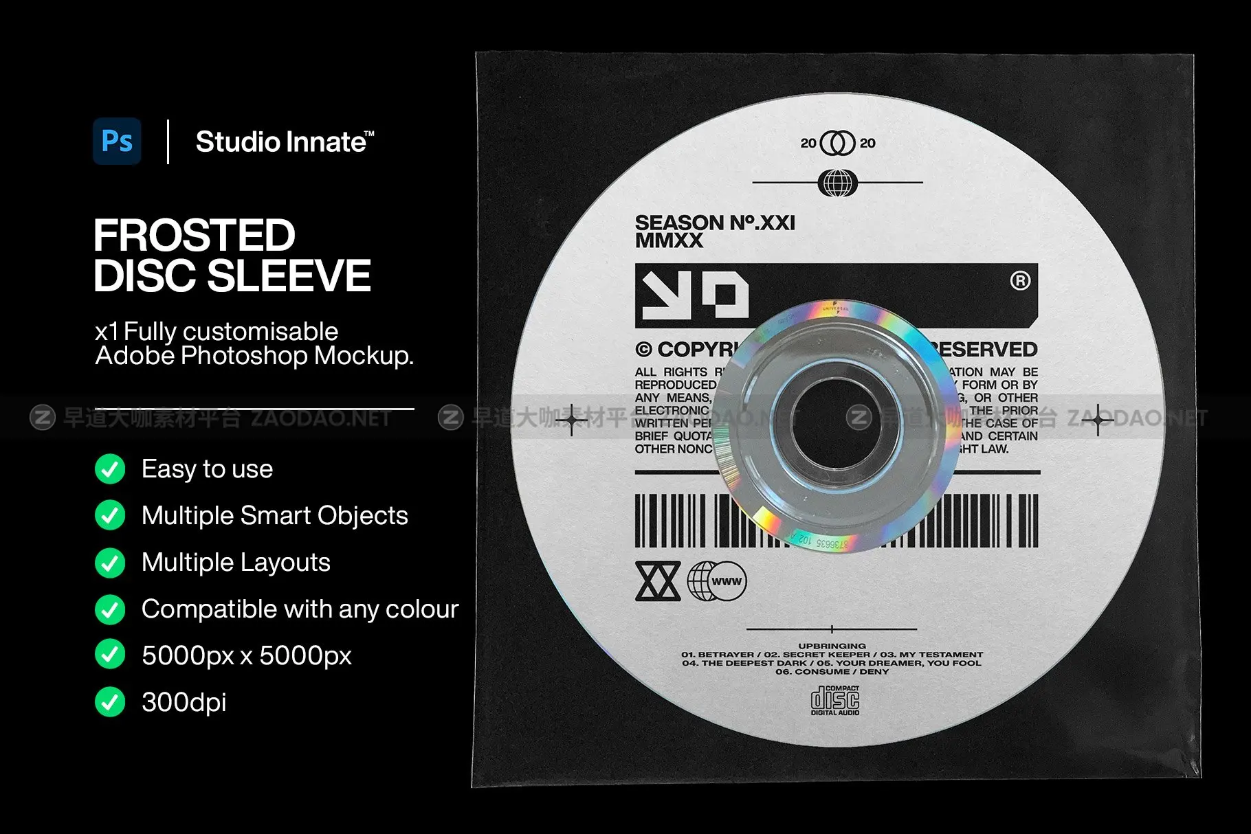 潮流磨砂音乐专辑CD光盘包装纸袋贴纸设计展示贴图样机模板素材 Studio Innate – Frosted Disc Sleeve插图4