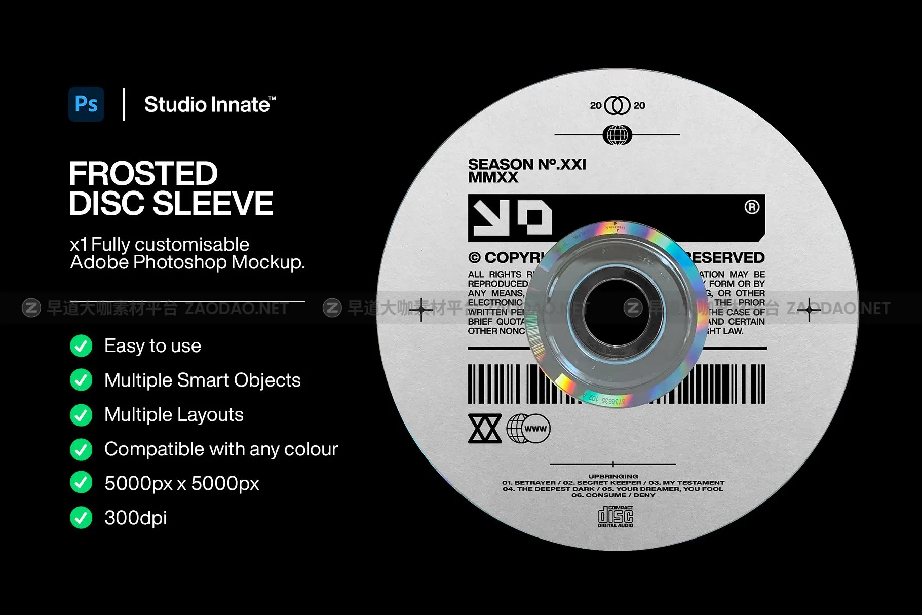 潮流磨砂音乐专辑CD光盘包装纸袋贴纸设计展示贴图样机模板素材 Studio Innate – Frosted Disc Sleeve插图3