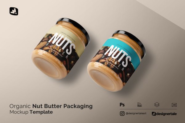 逼真坚果黄油食品包装瓶标签设计展示贴图样机 Organic Nut Butter Packaging Mockup