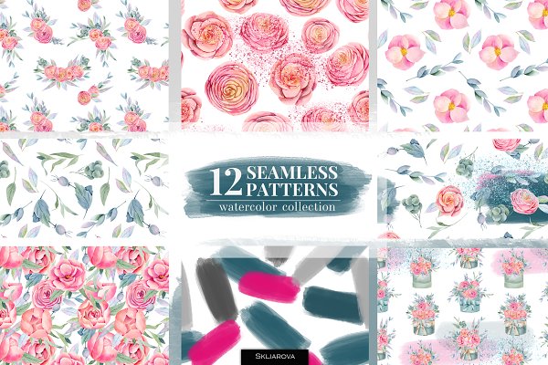 12款无缝隙花卉手绘水彩画图片设计素材合集 Floral Boxes. Seamless Patterns Set