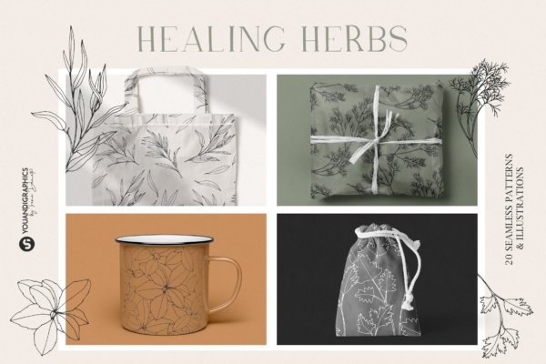 优雅中药草药花草手绘无缝隙矢量图案设计素材 Herbs Patterns & Illustrations