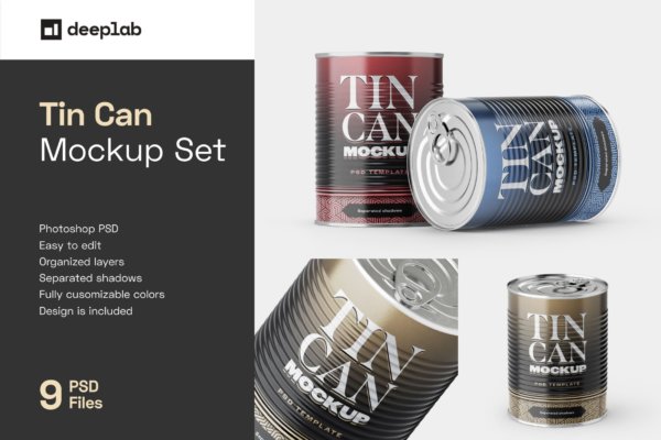 9款食品罐头金属锡罐包装样机模板素材合集 Tin Can Mockup Set | Conserve