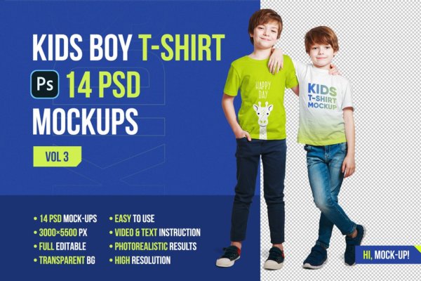 14款儿童半袖T恤印花图案设计展示样机模板 Kids Boy T-Shirt Mockups Vol3